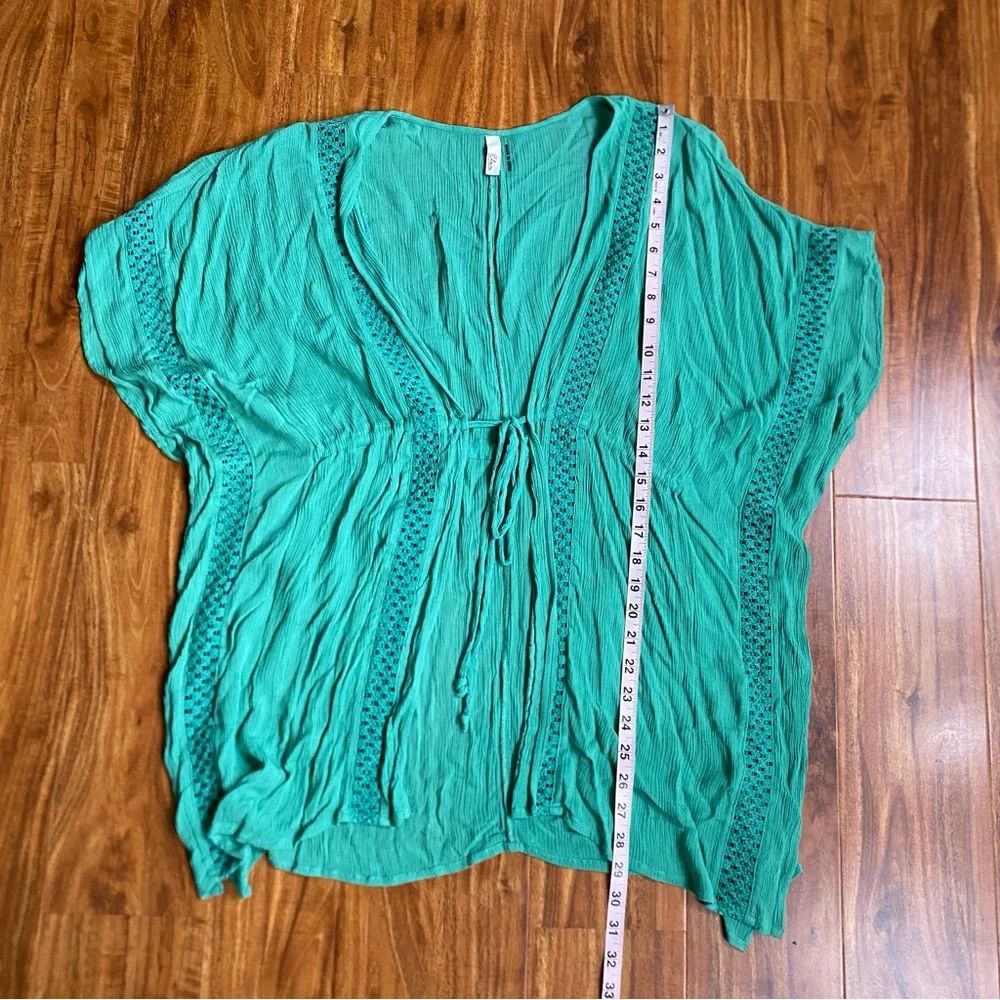 Elan Women’s Green Gauzy Rayon Crochet Tie Front Kimono Size XS Beach Tropical